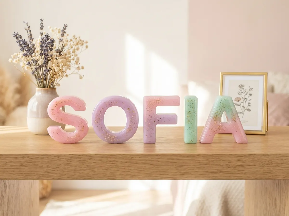 Letras bubble de resina pastel con glitter dorado formando el nombre SOFIA sobre una repisa